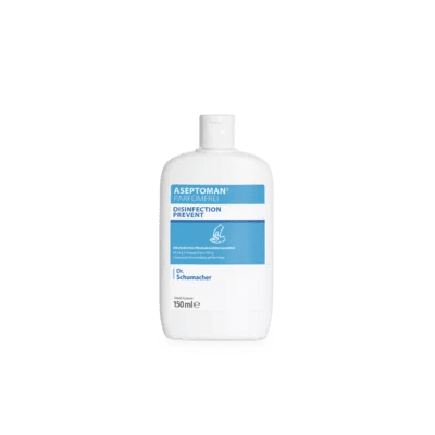 Une bouteille blanche de 150 ml de désinfection des mains sans parfum Dr. Schumacher Aseptoman® de Dr. Schumacher GmbH avec une étiquette bleue et un bouchon blanc est debout sur un fond gris clair simple.