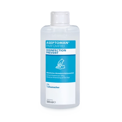 Une bouteille claire de 500 ml de désinfection des mains sans parfum Dr. Schumacher Aseptoman® de Dr. Schumacher GmbH, un désinfectant pour les mains alcoolisé et sans parfum pour la désinfection hygiénique des mains, avec une étiquette bleu-blanc.