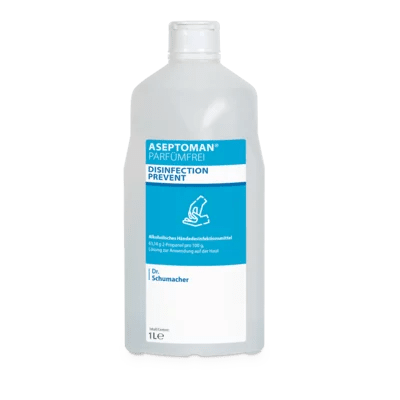 Une bouteille claire de 1 litre de désinfection des mains sans parfum Dr. Schumacher Aseptoman® de Dr. Schumacher GmbH avec une étiquette bleu-blanc avec texte et symbole de main.