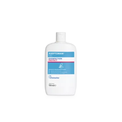 Représentée est une bouteille blanche de 150 ml du gel désinfectant pour les mains Aseptoman® de Dr. Schumacher GmbH sur un fond uni et clair avec une étiquette bleu-blanc-rose contenant les informations de marque et de produit.