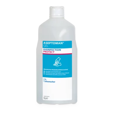 Une bouteille en plastique de 1 litre de Dr. Schumacher Aseptoman® Gel désinfectant pour les mains de Dr. Schumacher GmbH avec une étiquette bleu-blanc et un bouchon blanc, sur laquelle est représenté un gel désinfectant doux pour la peau sur un fond blanc.