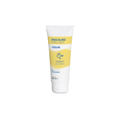 Un tube blanc de 100 ml de la crème de soin Descolind Pure Light Cream de Dr. Schumacher pour peaux sensibles avec des accents jaunes et bleus et le logo de Dr. Schumacher GmbH est debout sur un fond blanc simple. Idéal pour le personnel médical.