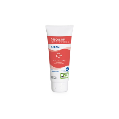 Le tube de 100 ml de crème protectrice pour la peau Dr. Schumacher Descolind Expert Protect Cream de Dr. Schumacher GmbH se tient debout sur un fond blanc avec une étiquette rouge et blanche - parfait pour la protection des mains en cas de peau à risque d'allergie.