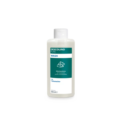 Une bouteille en plastique blanc de la lotion lavante Dr. Schumacher Descolind Pure Wash (500 ml) de Dr. Schumacher GmbH, avec une étiquette vert-blanc, se tient devant un fond gris clair et simple. Cette lotion lavante sans parfum, au pH neutre pour la peau, est idéale pour les peaux sensibles.