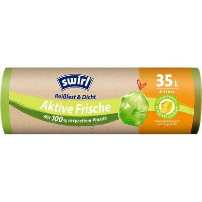 Swirl Aktive Frische Müllbeutel 35 l von Melitta Europa, Rolle mit 9 Beuteln. 100 % recyceltes Plastik, Reißfest & Dicht, innovative Geruchskontrolle mit Zitrussystem für Frischeschutz.