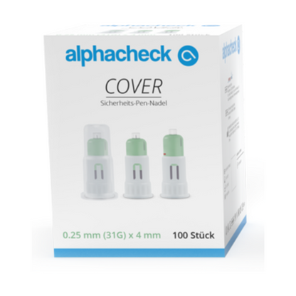 Une boîte d'aiguilles de sécurité pour stylo Alphacheck COVER, de différentes tailles de Berger Med GmbH, contient 100 pièces et est étiquetée comme « aiguille de sécurité pour stylo ». Les dimensions de l'aiguille sont indiquées comme 0,25 mm (31G) x 4 mm et des images avec différentes tailles d'aiguilles sont visibles, mettant en évidence la pointe d'aiguille ultra-fine pour plus de sécurité.