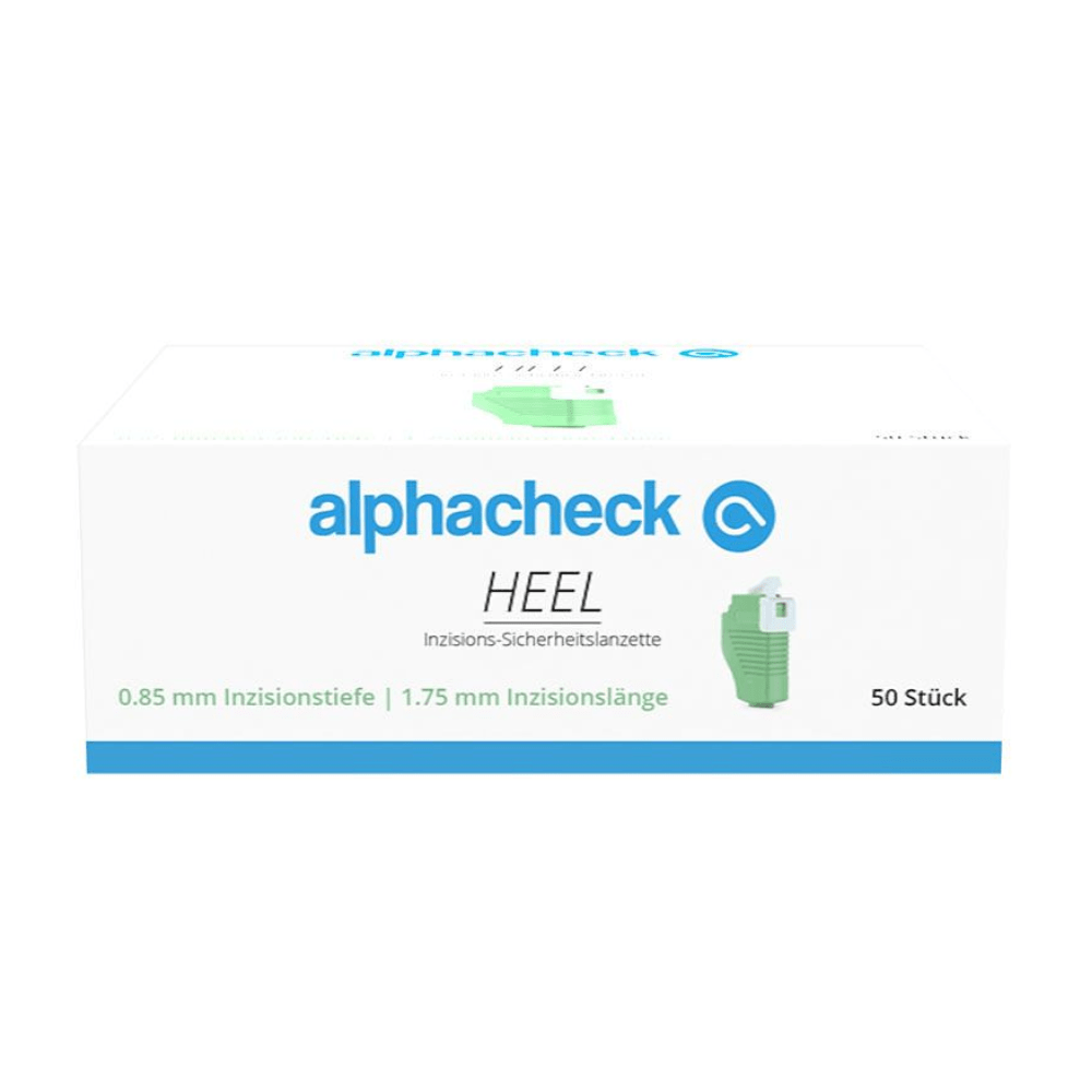 Une boîte blanche avec le nom de la marque « Berger Med GmbH » en lettres vertes et bleues. Le produit Alphacheck HEEL lancettes de sécurité à incision, de différentes tailles, est désigné comme « lancette de sécurité à incision » avec les spécifications 0,85 mm de profondeur d'incision et 1,75 mm de longueur d'incision pour la collecte de sang capillaire. La boîte contient 50 pièces.