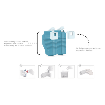 Une lancette de sécurité à incision Alphacheck HEEL bleu-vert de Berger Med GmbH est exposée avec un mode d'emploi en allemand autour. Le mode d'emploi décrit en détail la manipulation de l'appareil et souligne son design ergonomique pour une ponction précise. Les étiquettes mettent en avant le capuchon de sécurité qui empêche une activation accidentelle et donnent des instructions sur l'utilisation de la poignée pour une collecte de sang capillaire efficace.