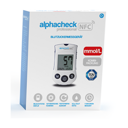Une boîte de glucomètre Alphacheck Professional NFC Pack combiné | Boîte (1 pièce) pour une gestion efficace du diabète. Le nom de la marque et les fonctions de l'appareil sont indiqués sur la boîte, y compris l'unité mmol/L, l'affichage éclairé, le codage automatique, l'éjection des bandelettes de test, 500 emplacements de mémoire et la prise en charge multilingue. Le nom de la marque est Berger Med GmbH.