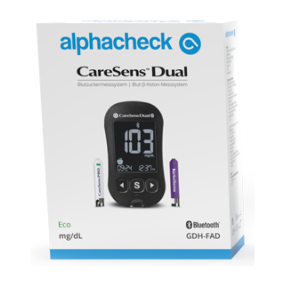 L'image montre l'emballage d'un glucomètre Alphacheck CareSens DUAL eco | Emballage (1 pièce). Sur le devant, on voit en haut le nom de la marque Berger Med GmbH, une image de l'appareil avec l'affichage "103 mg/dL" et l'heure "09:24". Des symboles indiquent la connectivité Bluetooth et la technologie GDH-FAD.