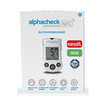 Boîte avec Alphacheck Professional NFC Glucomètre eco | Emballage (1 pièce) de Berger Med GmbH. La boîte montre une image de l'appareil avec une valeur mesurée de 5,7 mmol/L. Les fonctions mises en avant incluent un écran rétroéclairé, un fonctionnement sans codage, une capacité NFC et un temps de mesure de 5 secondes pour une gestion efficace du diabète.