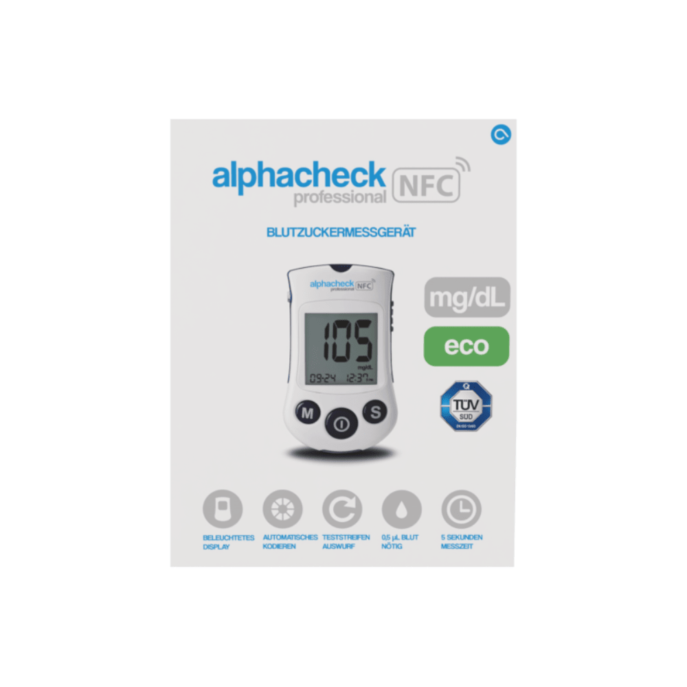 Image de la face avant de l'emballage pour « Alphacheck Professional NFC Glucomètre eco | Emballage (1 pièce) » de Berger Med GmbH. L'emballage dispose d'un affichage numérique avec une valeur mesurée de 105 mg/dL. Les étiquettes mettent en avant des fonctions telles que l'affichage Bluetooth, le codage automatique et la mémoire de test pour une gestion optimale du diabète.
