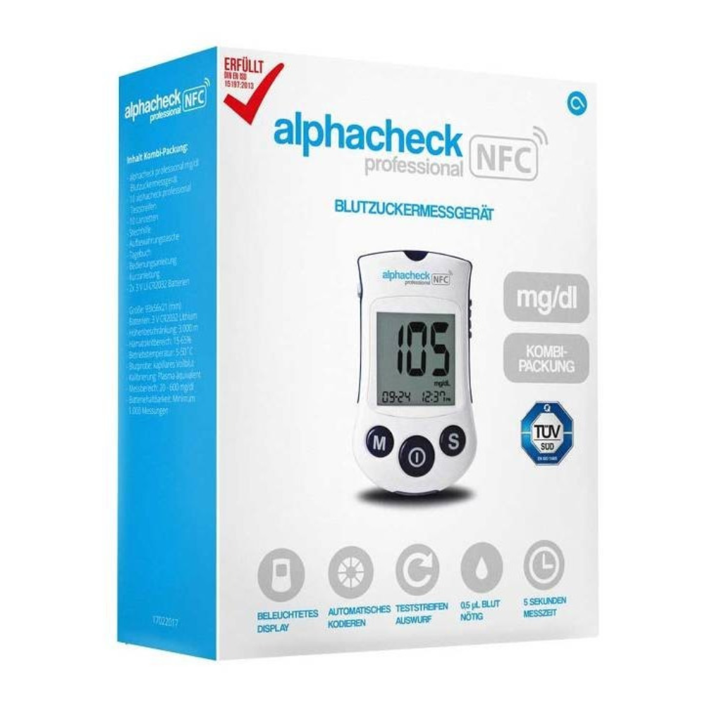 L'image montre l'emballage du glucomètre Alphacheck Professional NFC Pack combiné | Boîte (1 pièce). Sur le devant de la boîte, il y a une image du glucomètre Alphacheck Professional NFC affichant une valeur de 105 mg/dL. La boîte contient diverses étiquettes et symboles mettant en avant les fonctions de gestion du diabète et l'intégration de la technologie NFC. Nom de la marque : Berger Med GmbH.