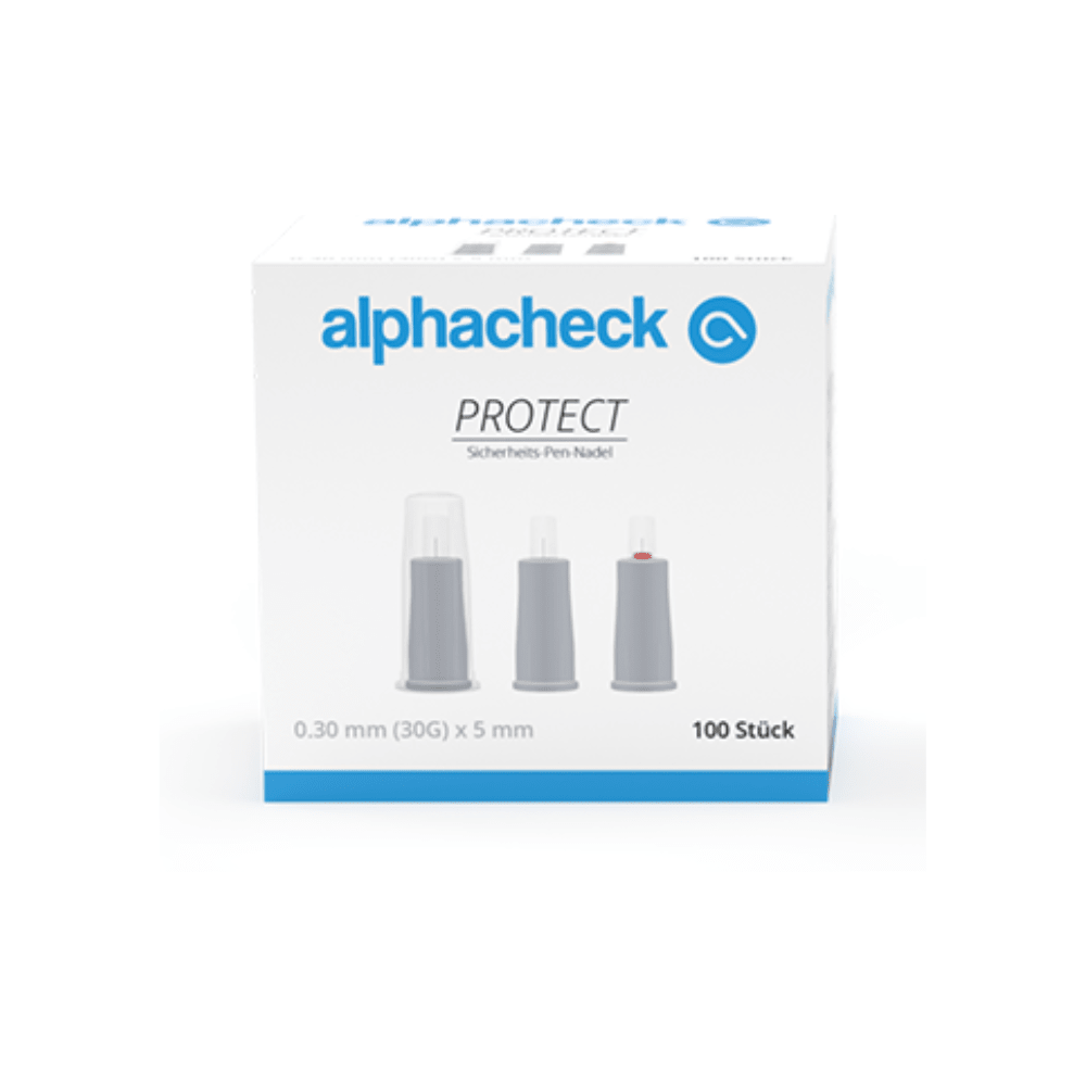 Une boîte portant l'inscription « Alphacheck PROTECT aiguilles de stylo de sécurité, différentes tailles » de Berger Med GmbH pour la gestion du diabète. La boîte montre des images de trois aiguilles de stylo et indique les spécifications : 0,30 mm (30G) x 5 mm, adaptées aux injections d'insuline. La boîte contient 100 pièces.