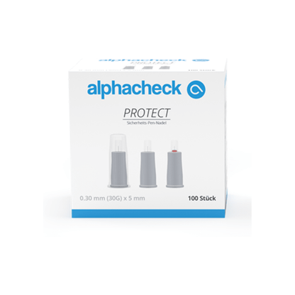 Une boîte portant l'inscription « Alphacheck PROTECT aiguilles de stylo de sécurité, différentes tailles » de Berger Med GmbH pour la gestion du diabète. La boîte montre des images de trois aiguilles de stylo et indique les spécifications : 0,30 mm (30G) x 5 mm, adaptées aux injections d'insuline. La boîte contient 100 pièces.