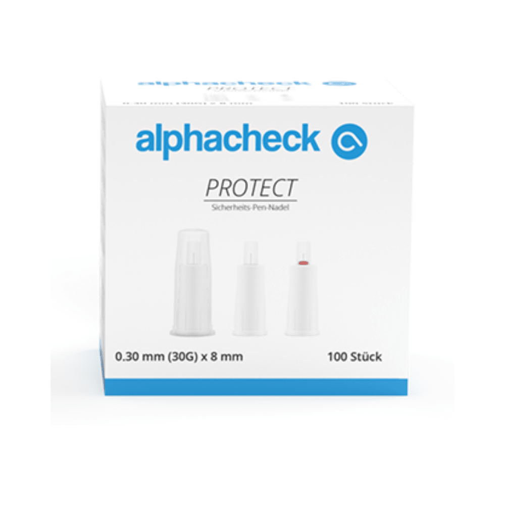 Une boîte blanche avec du texte bleu portant l'inscription « Alphacheck PROTECT aiguilles de stylo de sécurité, différentes tailles » et « aiguille de stylo de sécurité ». La boîte, destinée aux injections d'insuline, contient 100 aiguilles de stylo de sécurité de 0,30 mm (30G) x 8 mm. Sur le devant de la boîte, trois aiguilles de stylo de sécurité sont illustrées à différents stades de montage. Nom de la marque : Berger Med GmbH