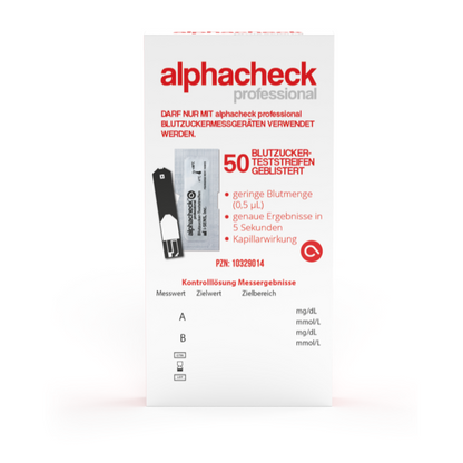 Image d'une bandelette de test de glycémie Alphacheck Professional, sous blister | Paquet (50 pièces) de Berger Med GmbH. L'étiquette sur le devant indique qu'elle contient 50 bandelettes de test de glycémie et promet des résultats précis en 5 secondes par capillarité. Le texte est en allemand, contient des informations détaillées sur le dosage et la mesure et inclut le code produit « PZN: 10329014 ».