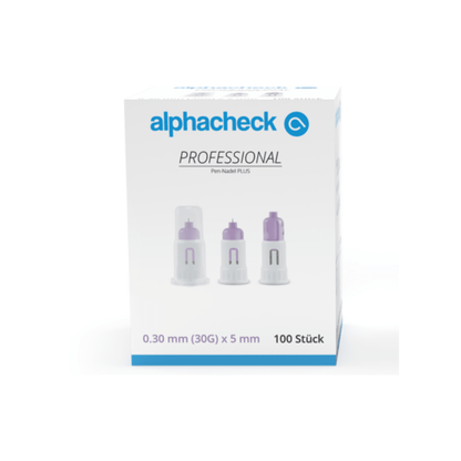 Une boîte d'aiguilles Alphacheck Professional Pen PLUS, de différentes tailles, destinées aux injections d'insuline. La boîte présente une illustration des aiguilles stériles et indique leur taille : 0,30 mm (30G) x 5 mm. Elle contient 100 pièces de la marque Berger Med GmbH.