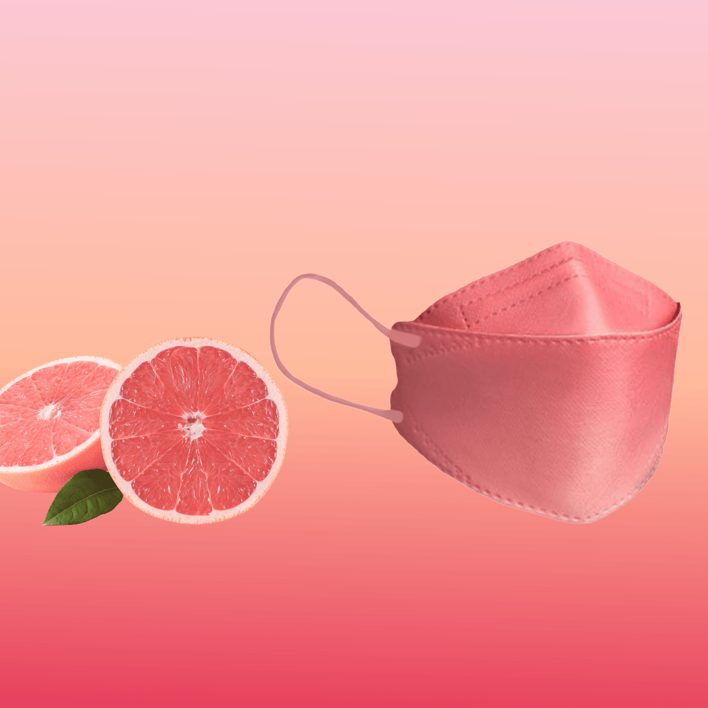 Un masque facial de designer Altruan filtrant les particules (norme FFP2) est élégamment positionné à côté de deux moitiés de pamplemousse sur un fond rose dégradé, soulignant son design élégant et son ajustement ergonomique.