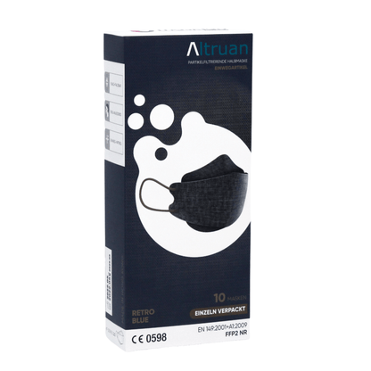Une boîte de masques faciaux de designer Altruan filtrant les particules, conforme à la norme FFP2, se présente dans un design élégant avec des motifs circulaires bleu foncé et blanc. Chaque paquet contient 10 masques ergonomiquement ajustés avec l'inscription « Retro Blue ».