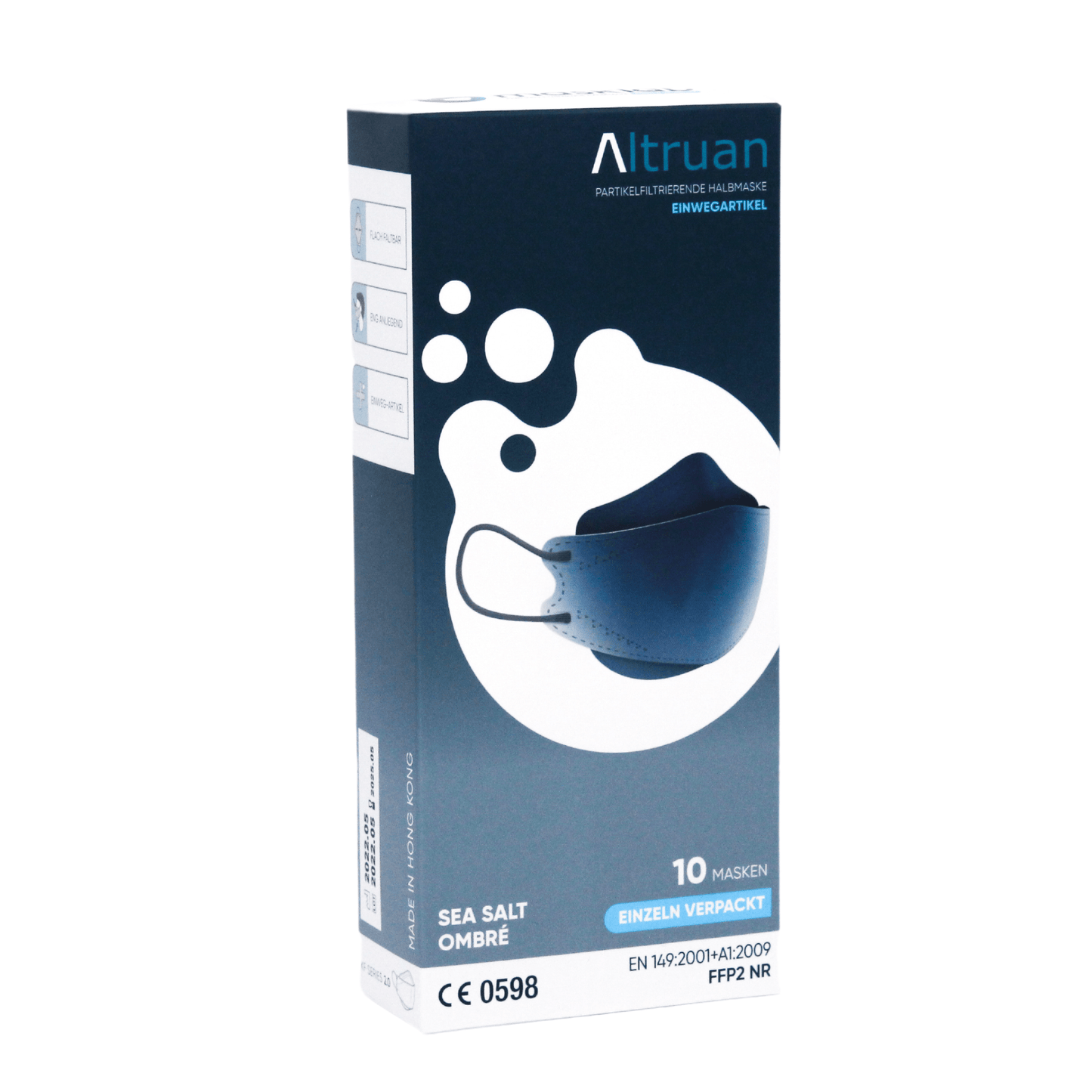 Un paquet de masques faciaux de designer Altruan filtrant les particules, conformes aux normes FFP2 et présentant un design élégant. L'emballage est bleu foncé avec un motif de bulles blanches et contient une image du masque. Il contient 10 masques, complets avec des détails de certification et de norme.