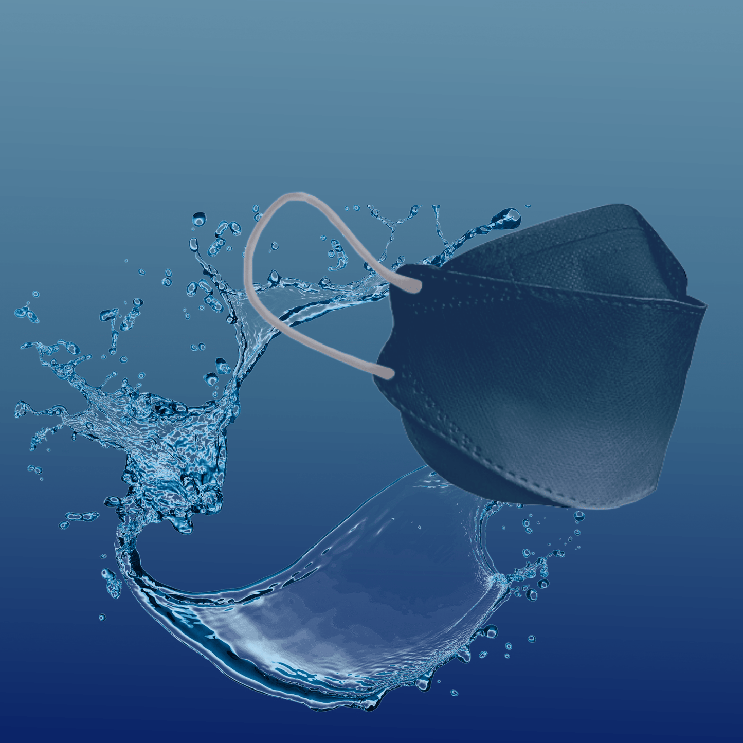 Un masque facial de designer Altruan filtrant les particules (norme FFP2) est présenté devant un fond bleu dégradé, avec un tourbillon d'eau autour, visant à transmettre fraîcheur et propreté.