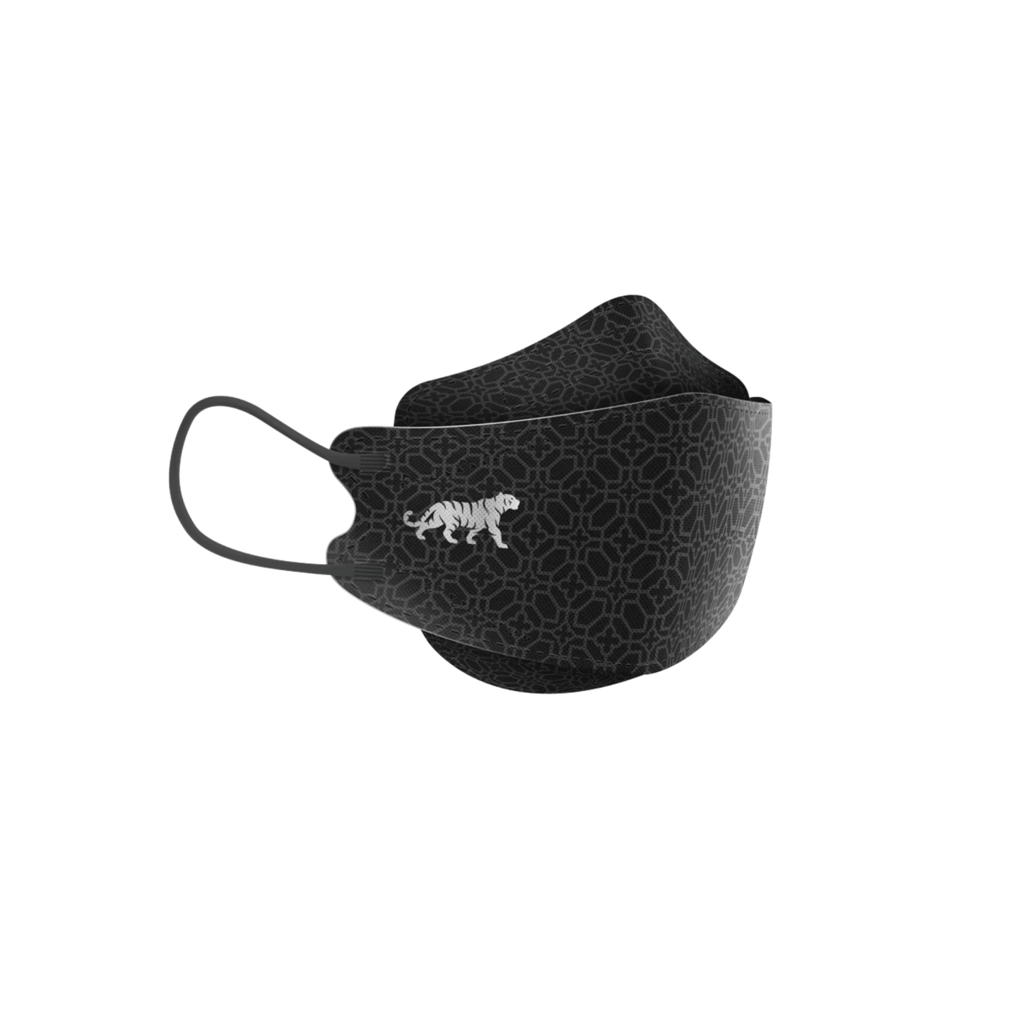Le masque facial de designer Altruan filtrant les particules (norme FFP2) en noir se distingue par un motif géométrique simple avec un tigre blanc brodé sur le côté. Ce masque offre des boucles d'oreille et un ajustement ergonomique pour plus de confort et est disponible dans un paquet de 10 masques.