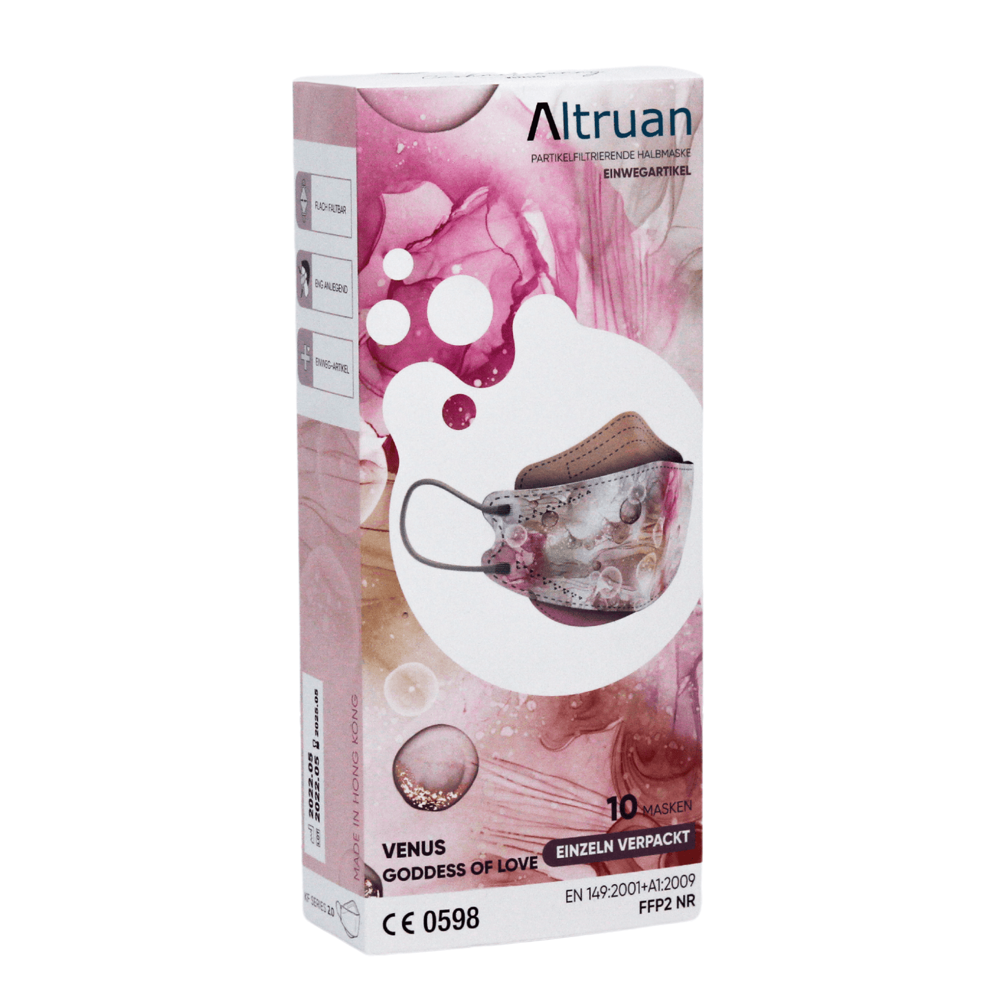 Un paquet de masques faciaux de designer Altruan filtrant les particules (norme FFP2) dans le design « Venus Goddess of Love » offre une protection efficace. L'emballage est principalement rose avec des illustrations abstraites et conforme à la norme FFP2. À l'intérieur, il y a 10 masques, dont un présente un motif floral à la mode.