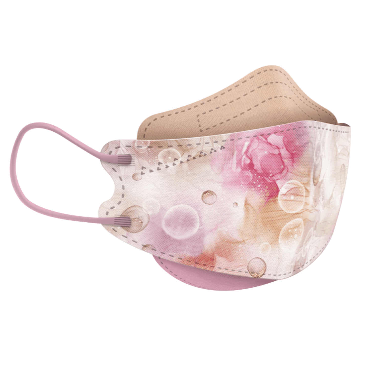 Le masque facial de designer filtrant les particules d'Altruan, conforme à la norme FFP2, dispose d'un design à la mode en couleurs pastel avec des bulles et des motifs abstraits. Ce masque offre une protection efficace avec des boucles d'oreille confortables et est affiché sur un fond blanc simple pour mettre en valeur ses caractéristiques élégantes.