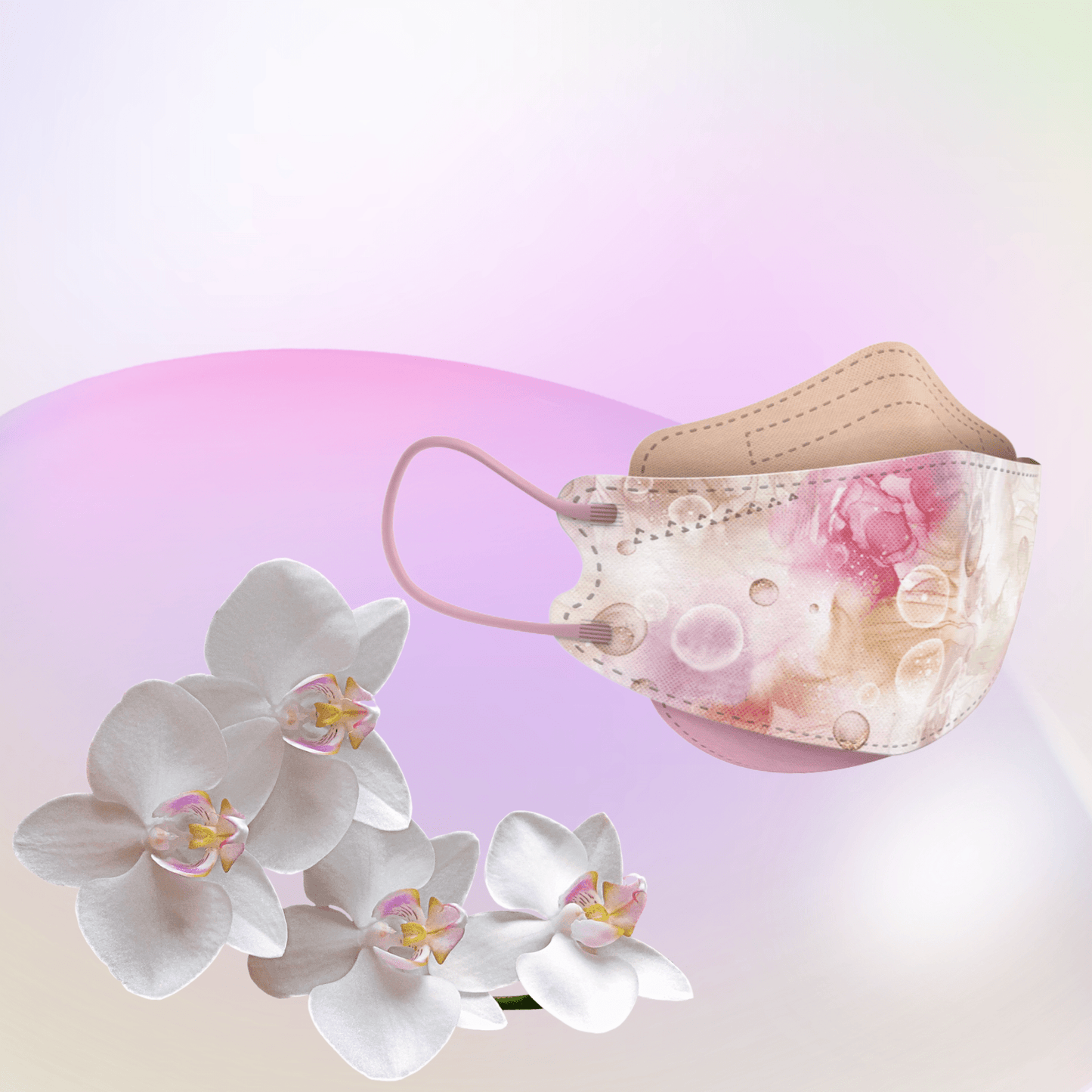 Un masque facial de designer Altruan filtrant les particules, conforme à la norme FFP2, montre son ajustement ergonomique devant un fond pastel avec un dégradé rose-vert. Au premier plan, un ensemble d'orchidées blanches souligne l'élégance de son design élégant.