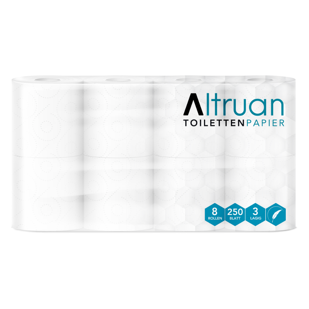 Un ensemble emballé de 8 rouleaux de la marque « Altruan Papier toilette » de Meditrade GmbH. L'emballage indique que chaque rouleau est composé de 250 feuilles de papier toilette blanc 3 plis en 100 % cellulose.