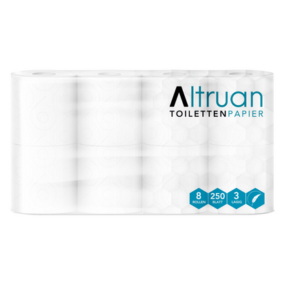 Un ensemble emballé de 8 rouleaux de la marque « Altruan Papier toilette » de Meditrade GmbH. L'emballage indique que chaque rouleau est composé de 250 feuilles de papier toilette blanc 3 plis en 100 % cellulose.