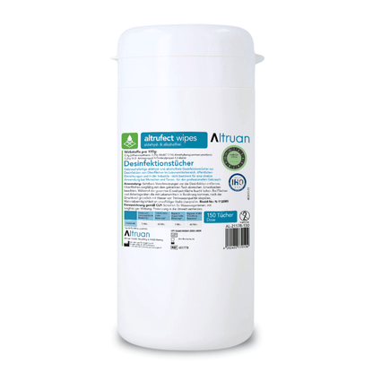 Un conteneur de lingettes désinfectantes pour surfaces Altrufect® Wipes d'Altruan avec un design blanc et une étiquette bleue et verte contient des détails sur le produit, des instructions d'utilisation et des certificats de sécurité. Il est idéal pour la désinfection des surfaces et contient 150 lingettes désinfectantes sans alcool.