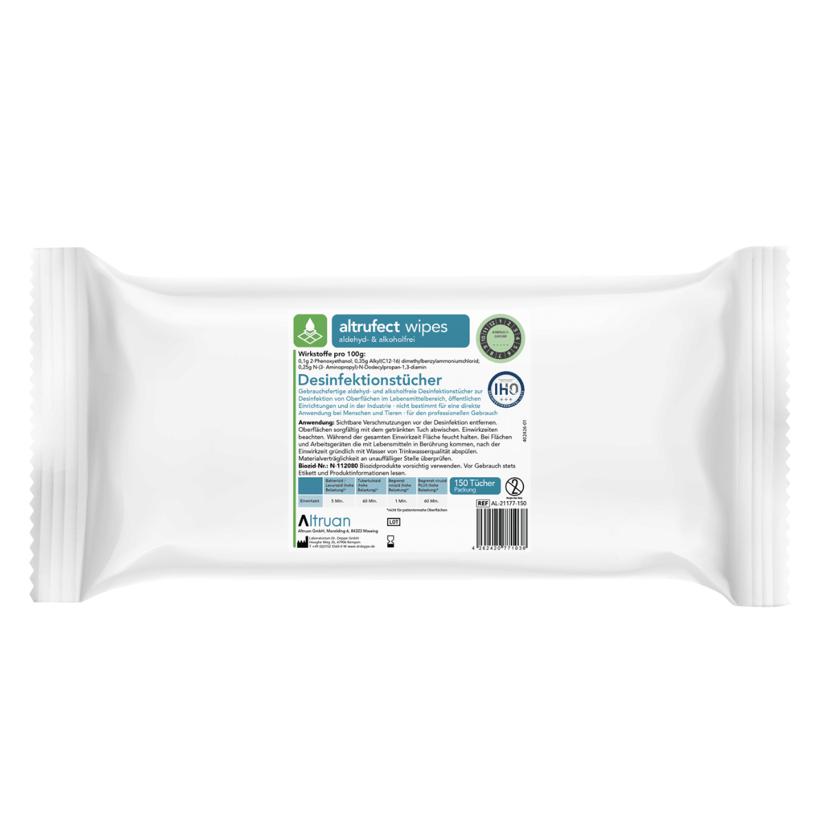 Un paquet de lingettes désinfectantes pour surfaces Altruan Altrufect® Wipes, différentes variantes, avec des informations de marque et de produit sur l'étiquette. Le paquet contient 150 lingettes désinfectantes sans alcool et inclut des informations en allemand, telles que « désinfection des surfaces » et des instructions d'utilisation. L'emballage est principalement blanc avec des accents verts et bleus.