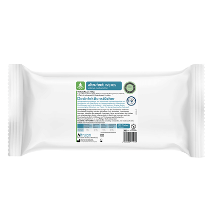 Un paquet de lingettes désinfectantes pour surfaces Altruan Altrufect® Wipes, différentes variantes, avec des informations de marque et de produit sur l'étiquette. Le paquet contient 150 lingettes désinfectantes sans alcool et inclut des informations en allemand, telles que « désinfection des surfaces » et des instructions d'utilisation. L'emballage est principalement blanc avec des accents verts et bleus.
