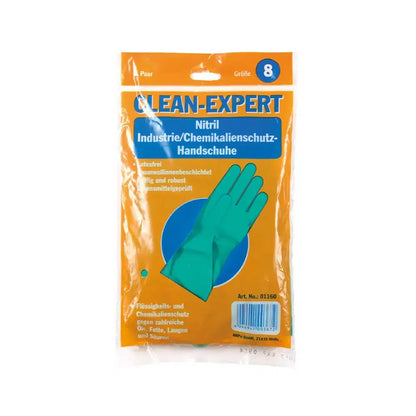 Emballage des gants chimiques en nitrile « Clean-Expert » taille 8 de AMPri Handelsgesellschaft mbH. L'emballage orange contient un texte allemand et au centre l'image d'un gant vert unique. La marque est bien visible en haut et met en avant ces gants industriels pour leur excellente protection contre les produits chimiques.