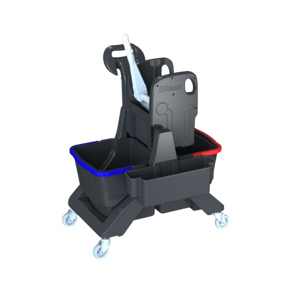 Le seau double Arcora Ecoblack 45 de Arcora International GmbH est un ensemble de seaux de nettoyage sur roues, composé à 97 % de matériaux recyclés, équipé de compartiments bleus et rouges pour un nettoyage efficace, ainsi que d'un dispositif d'essorage intégré et d'une poignée.