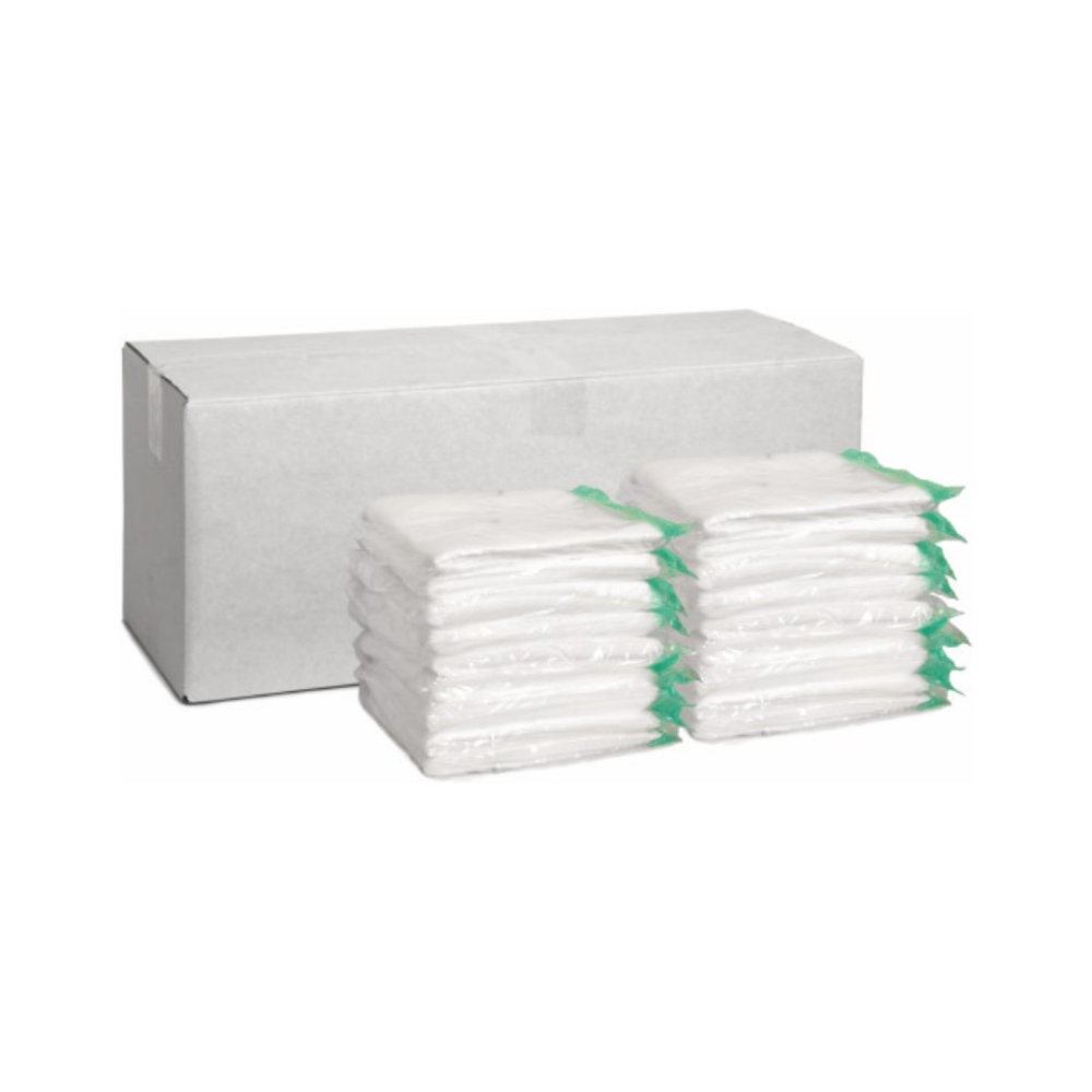 Une simple boîte blanche se trouve derrière deux piles de lingettes imprégnées jetables Arcora (100 pièces) de Arcora International GmbH, chaque pile étant sécurisée avec des rubans verts pour une solution de nettoyage hygiénique devant un fond blanc propre.