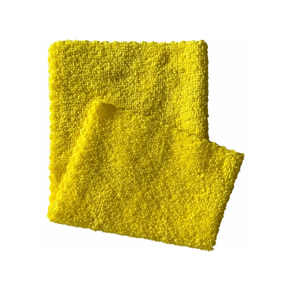 Deux chiffons en microfibre Arcora ECO-LINE 2in1 jaune vif, idéaux pour la désinfection des surfaces dans le secteur de la santé, reposent sur un fond blanc. L'un est partiellement plié sur l'autre pour mettre en valeur la texture moelleuse et la couleur vive.