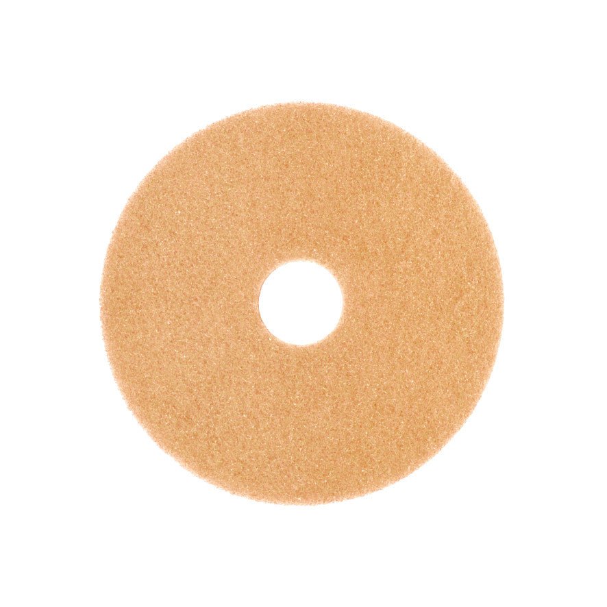 Le Superpad Beige Arcora de Arcora International GmbH est un tampon de sol circulaire avec un trou central, idéal pour le polissage à sec et le nettoyage d'entretien des sols délicats jusqu'à 400 tr/min, illustré sur un fond blanc.