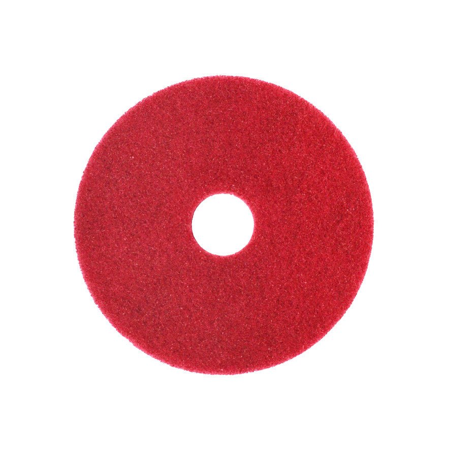 Le tampon Arcora Superpad Rouge Nettoyage d'entretien de Arcora International GmbH, conçu pour être utilisé avec des autolaveuses ou des nettoyeurs à jet jusqu'à 400 tr/min, est représenté en rouge avec un trou central sur fond blanc.