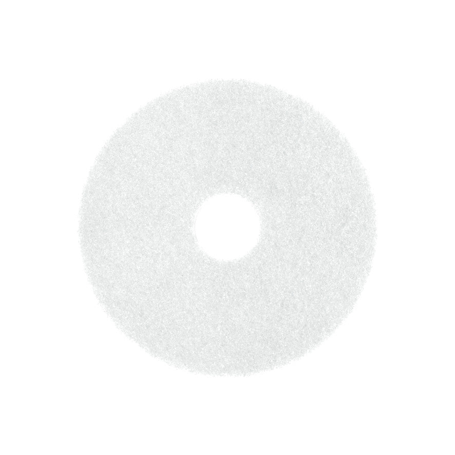 Un Arcora Superpad blanc et rond de Arcora International GmbH, conçu pour le polissage à sec jusqu'à 400 tr/min ou pour l'application de cires/huile sur parquet/liège, est montré avec un trou central sur un fond blanc simple.