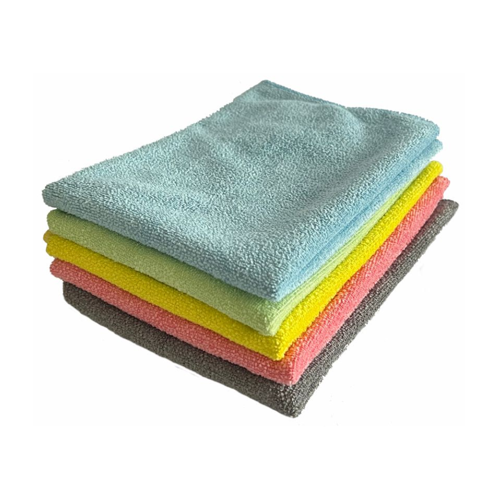 Un lot de chiffons en microfibre Arcora TOP-LINE de Arcora International GmbH, fabriqués dans des couleurs vives bleu, jaune, vert, rose et gris de chiffons de nettoyage. Ces chiffons de 40 x 40 cm sont parfaits pour les surfaces délicates et répondent à toutes les exigences de nettoyage.