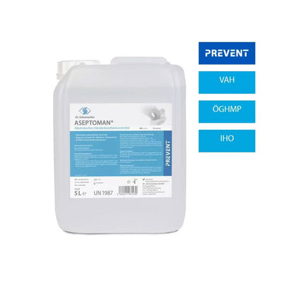 Un conteneur en plastique de 5 litres de désinfection des mains sans parfum Dr. Schumacher Aseptoman® de Dr. Schumacher GmbH, avec une étiquette bleu-blanc. À côté se trouvent des boîtes bleues avec l'inscription "PREVENT", "VAH", "ÖGHMP" et "IHO".