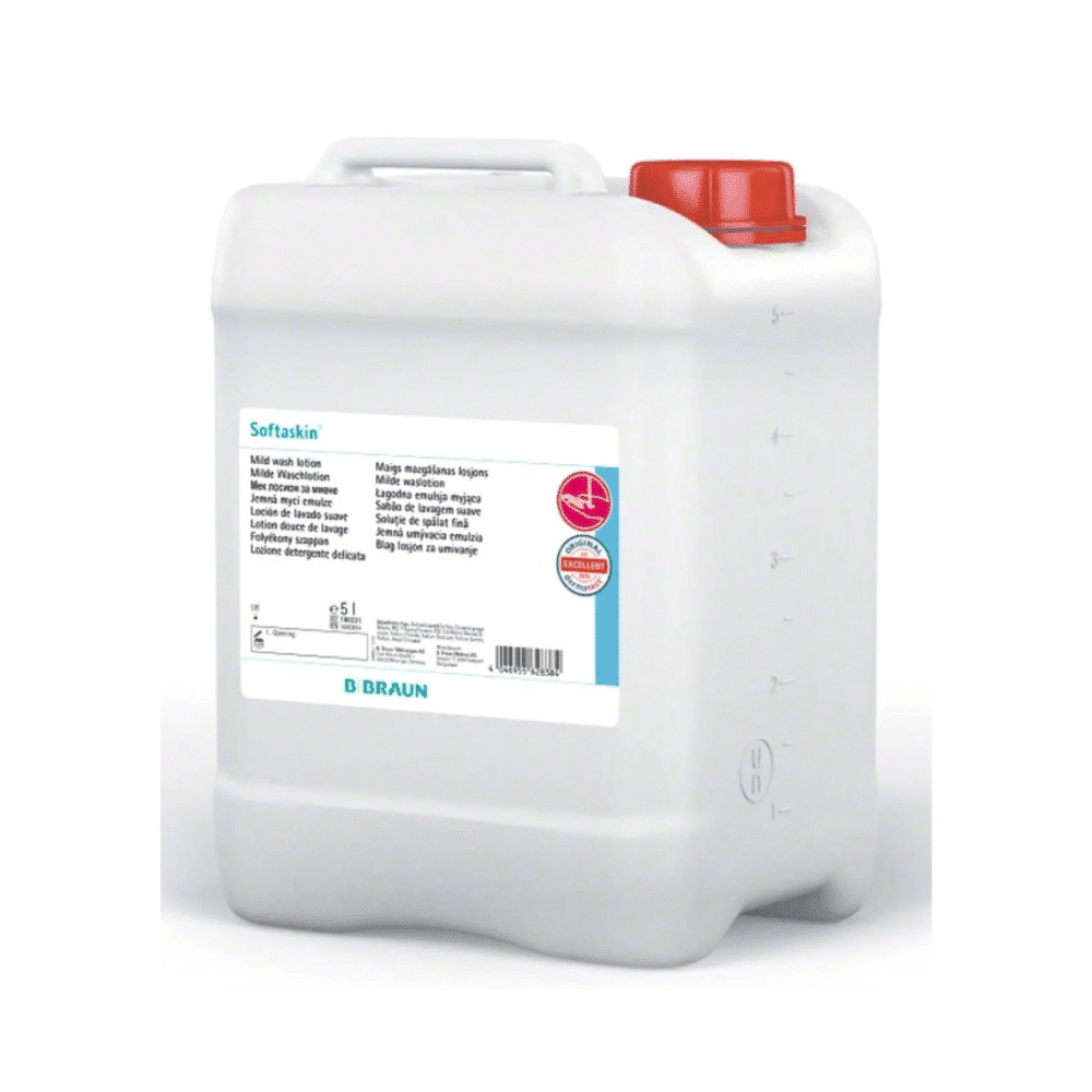 La B. Braun Softaskin® Waschlotion est proposée dans un contenant en plastique blanc avec un couvercle rouge et offre une généreuse capacité de 5 litres. Elle est respectueuse de l'environnement et sans microplastiques et porte le logo de B. Braun Deutschland GmbH & Co. KG au bas. L'étiquette fournit des informations claires sur le produit et des instructions d'utilisation.