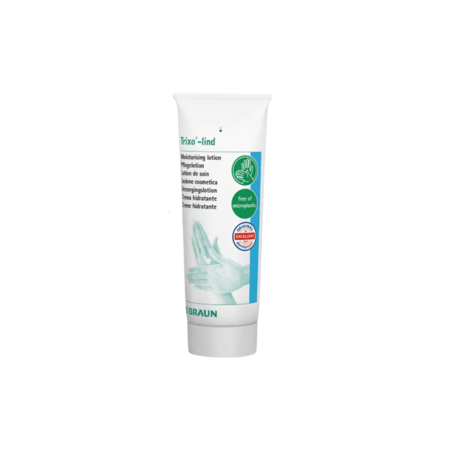 La lotion de soin Trixo®-lind B. Braun est disponible dans un tube blanc avec des inscriptions vert-bleu. L'emballage indique un pH neutre pour la peau, confirme que la lotion est exempte de microplastiques et porte un sceau testé dermatologiquement. Le nom de la marque B. Braun Deutschland GmbH & Co. KG est bien visible en bas.