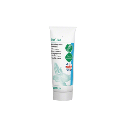 La lotion de soin Trixo®-lind B. Braun est disponible dans un tube blanc avec des inscriptions vert-bleu. L'emballage indique un pH neutre pour la peau, confirme que la lotion est exempte de microplastiques et porte un sceau testé dermatologiquement. Le nom de la marque B. Braun Deutschland GmbH & Co. KG est bien visible en bas.