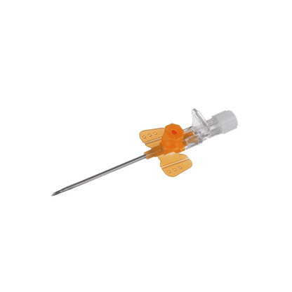 La B. Braun Vasofix® Braunüle® canule intraveineuse, fabriquée par B. Braun Deutschland GmbH & Co. KG, a une base transparente avec un capuchon blanc et des ailes orange pour la stabilisation. La canule en acier inoxydable permet l'administration efficace de liquides ou de médicaments directement dans la circulation sanguine.