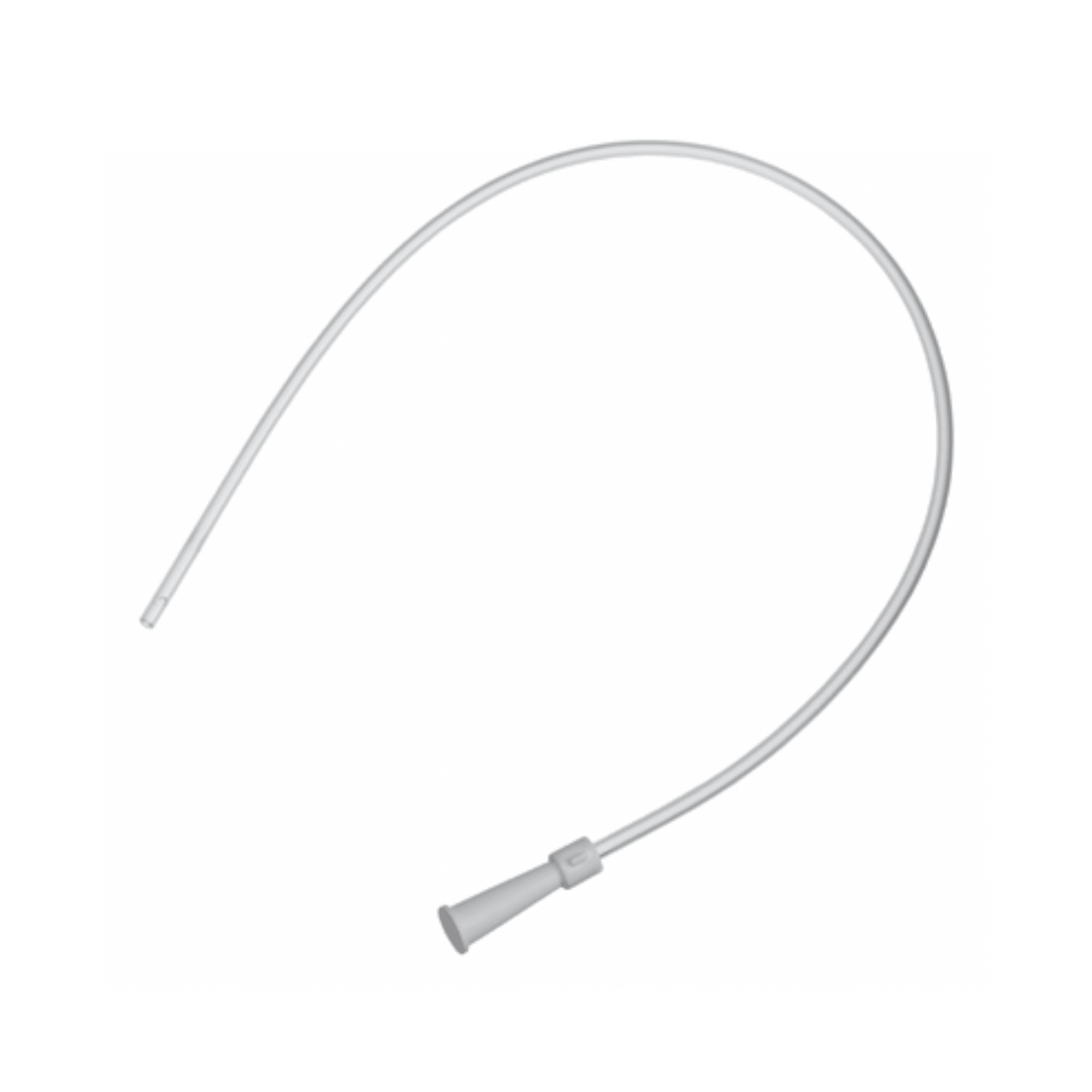 Une image du B. Braun cathéter d'aspiration type Ideal avec une pointe droite et des adaptateurs d'entonnoir codés par couleur. Le tube médical flexible et blanc est enroulé en demi-cercle, ce qui met en valeur ses excellentes propriétés de glissement sur le fond blanc simple.