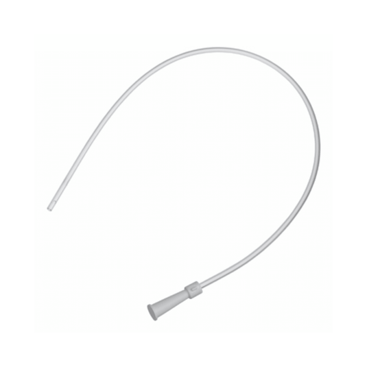 Une photo du B. Braun Cathéter d'aspiration de type « Ideal » à embout droit et adaptateurs d'entonnoir à code couleur. Le tuyau médical flexible et blanc est enroulé en demi-cercle, ce qui met en valeur ses excellentes propriétés de glissement sur le fond blanc uni.